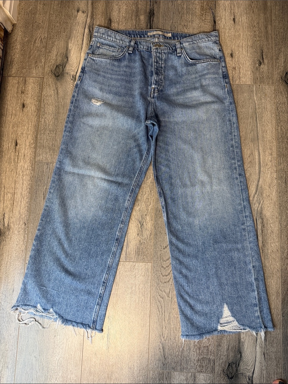Hudson Jeans Medium Blue Wide-Leg Distressed Denim